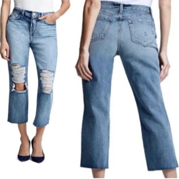 L'agence Adele Slim High Rise Cropped Stovepipe Jeans Sz 28 Destroyed Raw Hem